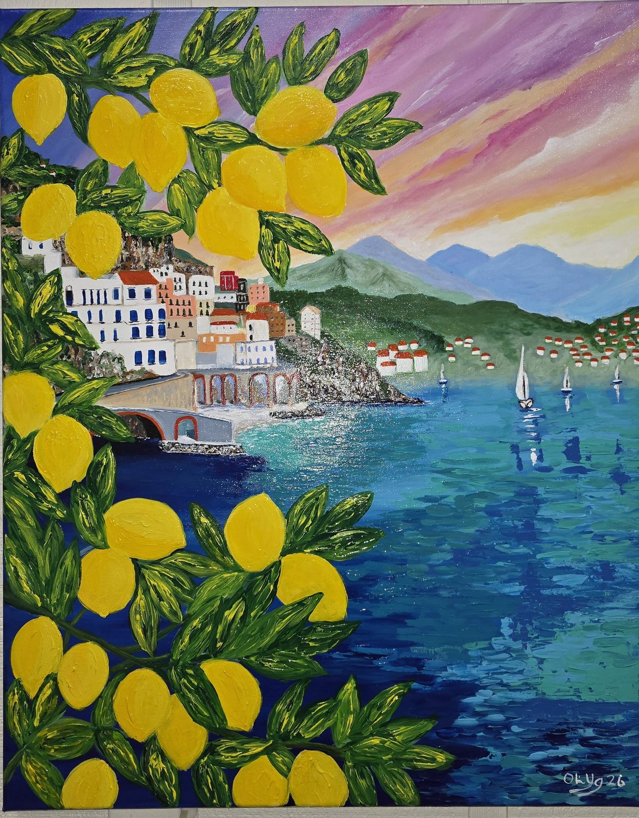 A Mediterranean seaside scene framed by bright yellow flowers, painted by Olive Young